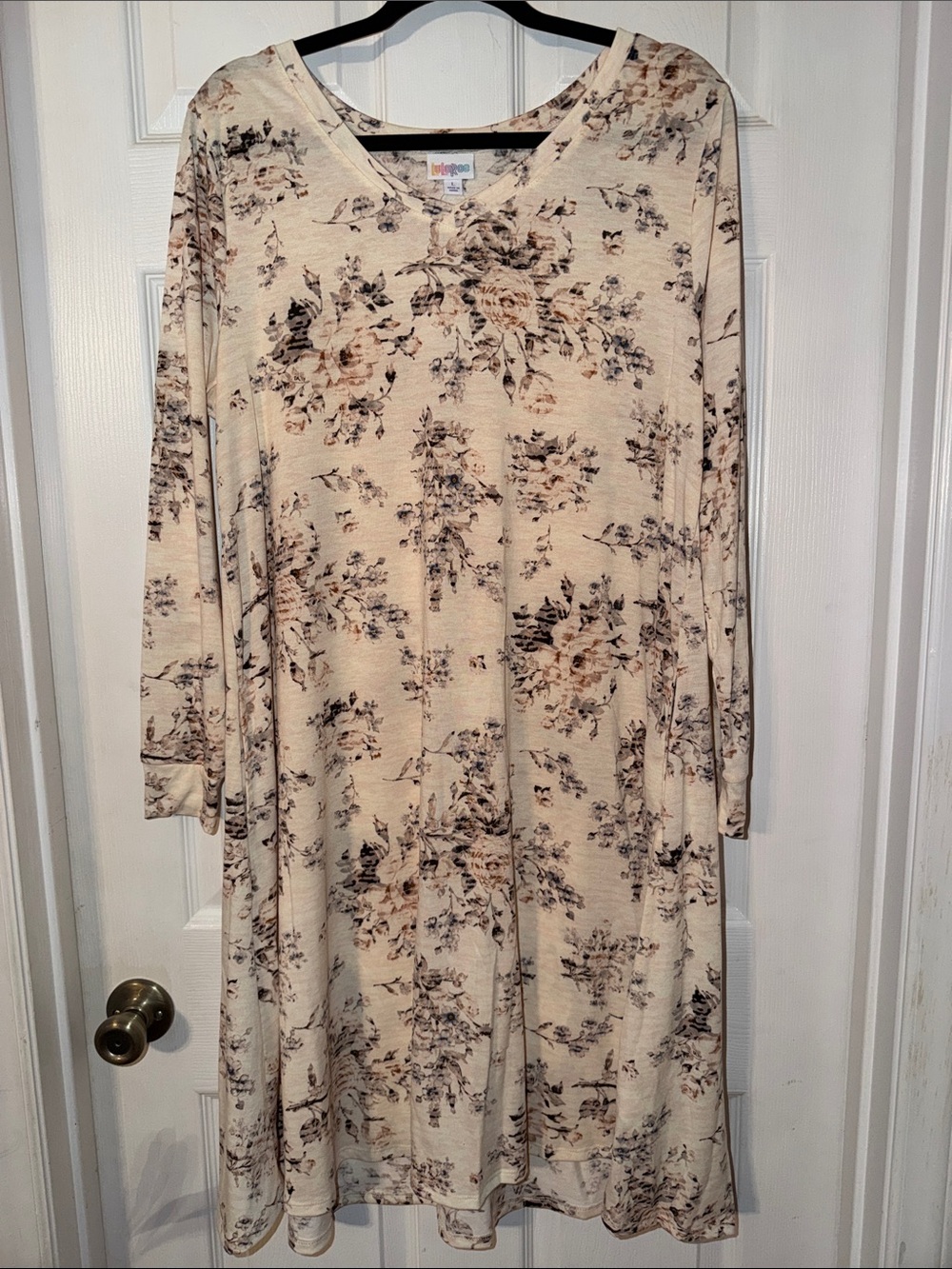 LuLaRoe Emily dress, Cream background, rose floral pattern, Large, NEW